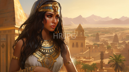 High Resolution: Egyptian queen with dark wavy hair and brown skin standing on a sunlit rooftop overlooking ancient pyramids at sunset wearing gold headgear download. | HRJPG.com