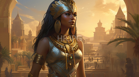 High Resolution: African woman with dark skin and long black hair wearing ancient Egyptian attire including gold headgear adorned with feathers and metallic top download. | HRJPG.com