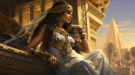 High Resolution: Elegant dark-skinned woman with long black hair sitting on ancient Egyptian architecture at sunset wearing ornate gold jewelry over a white dress download. | HRJPG.com