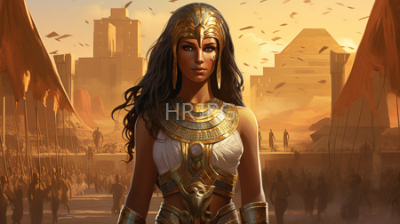 High Resolution: African woman with dark skin and long wavy black hair wearing ancient Egyptian attire including a gold headpiece and ornate necklace standing in front of pyramids download. | HRJPG.com