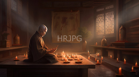 High Resolution: Elderly Buddhist monk with a shaved head wearing brown robes meditating on a wooden table surrounded by lit candles in a serene temple room download. | HRJPG.com