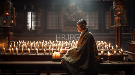 High Resolution: Elderly Asian monk with a shaved head wearing green robes sitting in profile on wooden benches within dim-lit temple walls adorned by numerous lit candles download. | HRJPG.com