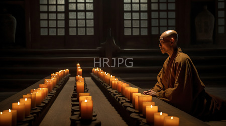 High Resolution: Asian monk with a shaved head wearing brown robes sitting beside rows of lit candles on stone platforms in a dim-lit traditional Japanese temple download. | HRJPG.com