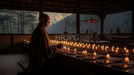 High Resolution: Elderly Asian monk with a shaved head wearing traditional brown robes seated in dim light beside rows of lit candles in a rustic temple room download. | HRJPG.com