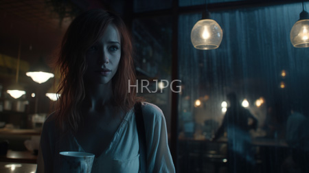 High Resolution: Dim atmospheric photograph of an emotionally troubled young woman with red hair sitting alone at night inside a rain-soaked café holding a white cup download. | HRJPG.com