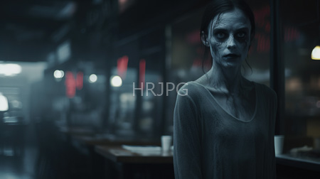 High Resolution: Dark moody photograph of an emaciated woman with pale blue-gray skin and blackened eyes standing in a dim-lit diner at night wearing a tattered gray sweater download. | HRJPG.com