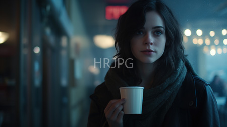 High Resolution: Attractive young woman with brown hair wearing a green scarf over a black leather jacket holds a white paper cup in a dim urban night setting download. | HRJPG.com