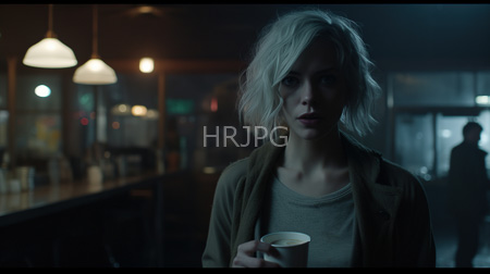 High Resolution: Dim atmospheric photograph of a blonde woman holding a white coffee cup wearing an olive green jacket standing indoors at night by a bar counter download. | HRJPG.com