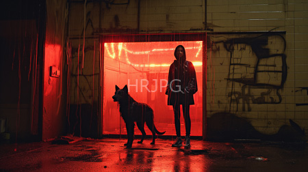 High Resolution: Urban night scene with neon red lighting featuring a young woman in dark clothing standing beside a German Shepherd dog on wet pavement download. | HRJPG.com