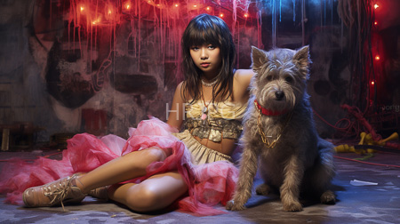High Resolution: Asian woman with long black hair wearing a gold off-shoulder top and a pink tulle skirt sitting on a concrete floor beside a small gray terrier dog download. | HRJPG.com