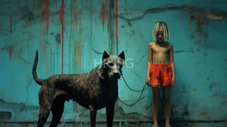 High Resolution: Shirtless blonde-haired child in orange shorts standing beside a chained dog with wet fur against a graffiti-streaked blue wall appearing solemn download. | HRJPG.com