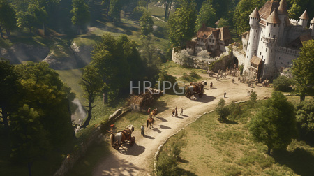 High Resolution: Aerial photograph of a medieval village scene with knights on horseback and a castle in the background surrounded by lush greenery download. | HRJPG.com