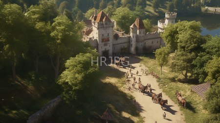 High Resolution: Aerial photograph of a medieval castle with tall red-roofed towers surrounded by lush green trees a group of knights travels along a dirt path download. | HRJPG.com