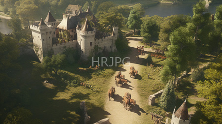 High Resolution: Aerial photograph of a medieval castle with tall conical towers surrounded by lush greenery knights on horseback gather in front of the entrance gates download. | HRJPG.com