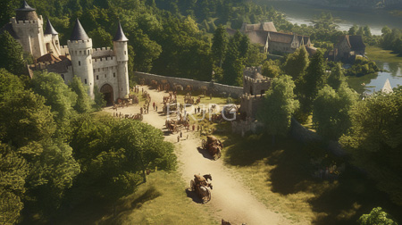 High Resolution: Aerial photograph of a medieval castle with tall conical towers a bustling courtyard scene below filled with people in period clothing download. | HRJPG.com