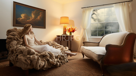 High Resolution: Elegantly lit living room features a blonde woman in a white sleeveless dress sitting on a ruffled beige armchair facing a cream sofa download. | HRJPG.com