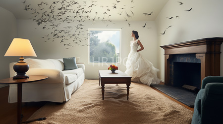High Resolution: Elegant living room with white walls and wooden floors a bride in a flowing white wedding dress stands near a window watching painted birds fly away download. | HRJPG.com