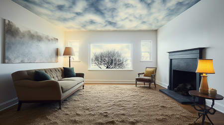 High Resolution: Elegant living room with white walls and a ceiling painted to resemble a cloudy sky featuring a beige mid-century modern sofa on the left side download. | HRJPG.com