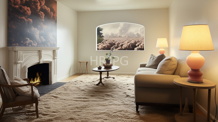 High Resolution: Elegant living room with soft warm lighting a beige carpeted floor white walls adorned by a cloud-themed mural and a fireplace with lit firewood download. | HRJPG.com