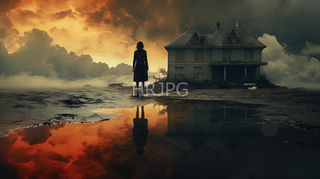 High Resolution: Eerie desolate landscape at sunset with dark clouds and red sky reflections a silhouetted woman stands facing an old Victorian-style house download. | HRJPG.com