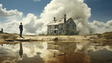 High Resolution: Abandoned weathered blue house engulfing in thick white smoke with a silhouetted man in a dark suit standing on the left side download. | HRJPG.com