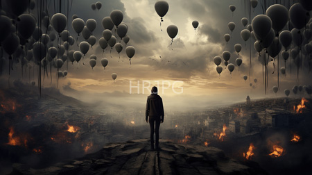 High Resolution: Individual in dark clothing stands on rocky terrain facing a burning cityscape under dramatic clouds and numerous floating white balloons download. | HRJPG.com