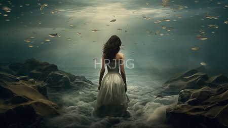 High Resolution: Woman with wavy brown hair wearing a white strapless flowing gown stands in rocky ocean shallows facing an underwater scene with sunlight rays download. | HRJPG.com
