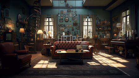 High Resolution: Eclectic vintage living room with warm sunlight streaming through tall windows a tufted red leather sofa and a piano download. | HRJPG.com