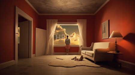 High Resolution: Orange-walled living room with white trim and soft sunlight streaming through sheer curtains a silhouette of a person standing by the window download. | HRJPG.com