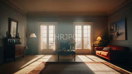 High Resolution: Elegant sunlit living room with blue walls and two tall windows featuring a dark wooden coffee table on patterned rugs between a red velvet sofa download. | HRJPG.com