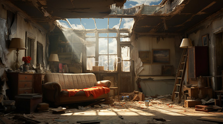 High Resolution: Abandoned dilapidated living room with sunbeams streaming through broken windows a worn beige sofa draped in red cloth and a wooden ladder download. | HRJPG.com