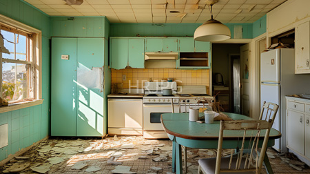 High Resolution: Abandoned sunlit kitchen with peeling turquoise walls yellow-tiled backsplash and old white appliances a round wooden table sits in the center download. | HRJPG.com