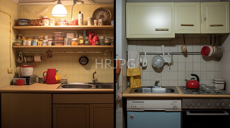 High Resolution: Two adjacent vintage-style kitchens side by side one with yellow-tiled walls and the other with cream upper cabinets and wooden textures download. | HRJPG.com