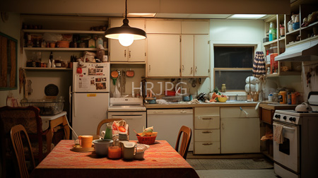 High Resolution: Old cluttered kitchen with warm yellow lighting white cabinets and appliances a center table has an orange-patterned cloth covering various ceramic mugs download. | HRJPG.com