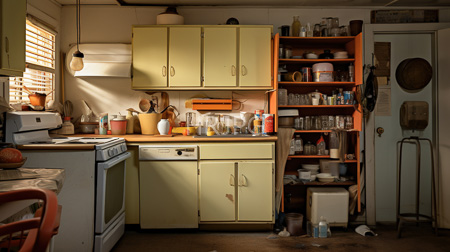 High Resolution: Old cluttered kitchen with yellow and white vintage cabinets sunlight filters through blinds on the left window onto countertops filled with various items download. | HRJPG.com