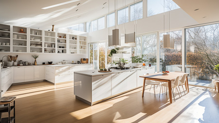High Resolution: Modern sunlit kitchen with high ceilings large windows showcasing an outdoor garden in autumn hues white cabinetry and a central island download. | HRJPG.com