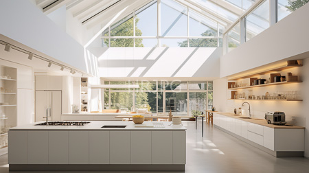 High Resolution: Modern sunlit kitchen with high ceilings and large skylights allowing natural light to flood in white cabinetry sleek countertops and an island stove download. | HRJPG.com