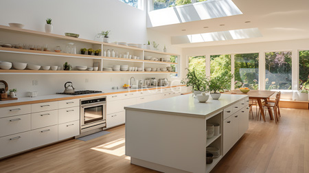 High Resolution: Modern sunlit kitchen with white cabinets and wooden countertops a large central island with potted plants and open shelving above the stove download. | HRJPG.com