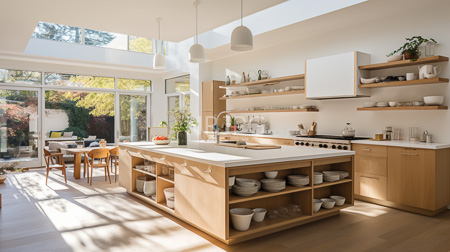 High Resolution: Bright modern kitchen with natural light streaming through large windows and a skylight a wooden island with white countertop shelves holding bowls download. | HRJPG.com