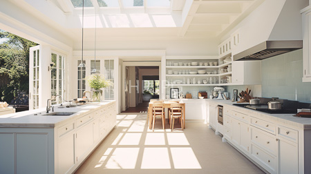 High Resolution: Bright modern kitchen with white cabinetry and countertops natural light streams through skylights above a central wooden dining table download. | HRJPG.com
