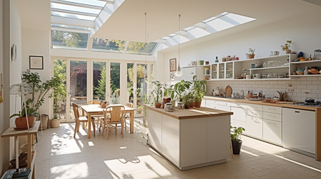 High Resolution: Bright sunlit kitchen with large skylight windows and glass doors leading to an outdoor garden white cabinets and wooden countertops on a central island download. | HRJPG.com