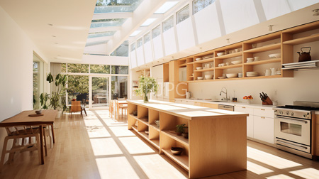 High Resolution: Modern sunlit kitchen with light wooden floors and cabinets a large island with open shelves and white upper cabinetry contrasting natural wood lower units download. | HRJPG.com