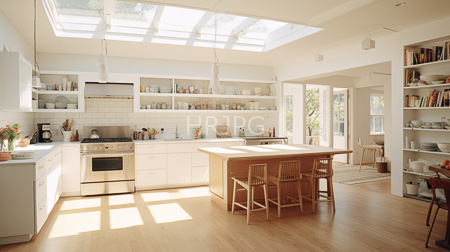 High Resolution: Bright modern kitchen with white cabinets and a wooden island sunlight streams through a skylight above the central workspace with two wicker stools download. | HRJPG.com