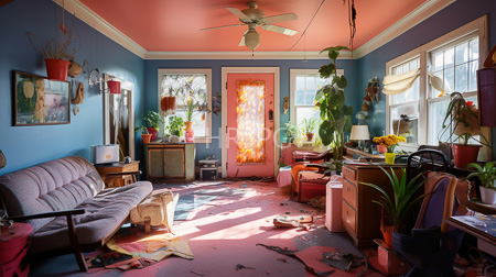 High Resolution: Eclectic sunlit living room with a pink ceiling and blue walls a cluttered floor covered in paper scraps and vintage furniture download. | HRJPG.com