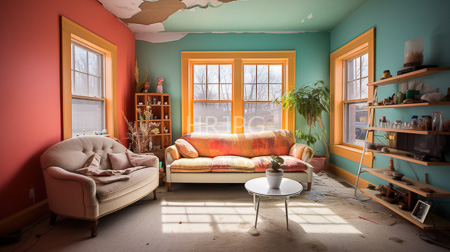 High Resolution: Eclectic living room with vibrant colors red and turquoise walls yellow-framed windows and an orange-pattern sofa adorned by pillows download. | HRJPG.com