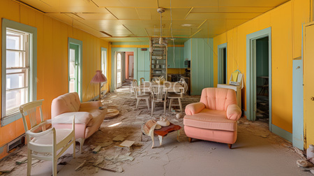 High Resolution: Abandoned sunlit living room with yellow and turquoise walls peeling paint revealing cracks and two pink upholstered armchairs facing each other download. | HRJPG.com
