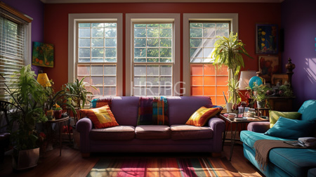 High Resolution: Vibrant living room with purple and teal sofas colorful striped pillows and large windows letting in sunlight illuminating green plants download. | HRJPG.com