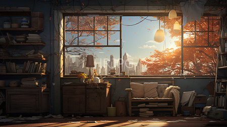 High Resolution: Autumn-lit cluttered living room with large windows showing city skyscrapers and orange-leaved trees outside sunlight streams through broken window panes download. | HRJPG.com