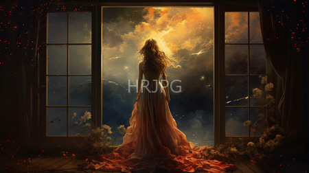 High Resolution: Woman with long wavy brown hair stands in front of an open window at sunset or sunrise wearing a flowing pink dress that pools on wooden floorboards download. | HRJPG.com
