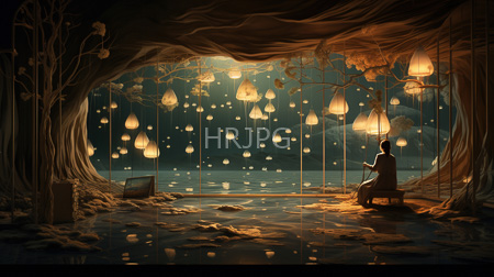 High Resolution: Ethereal cave-like setting with warm amber lighting from hanging paper lanterns resembling mushrooms a silhouette sits alone near water reflecting light download. | HRJPG.com